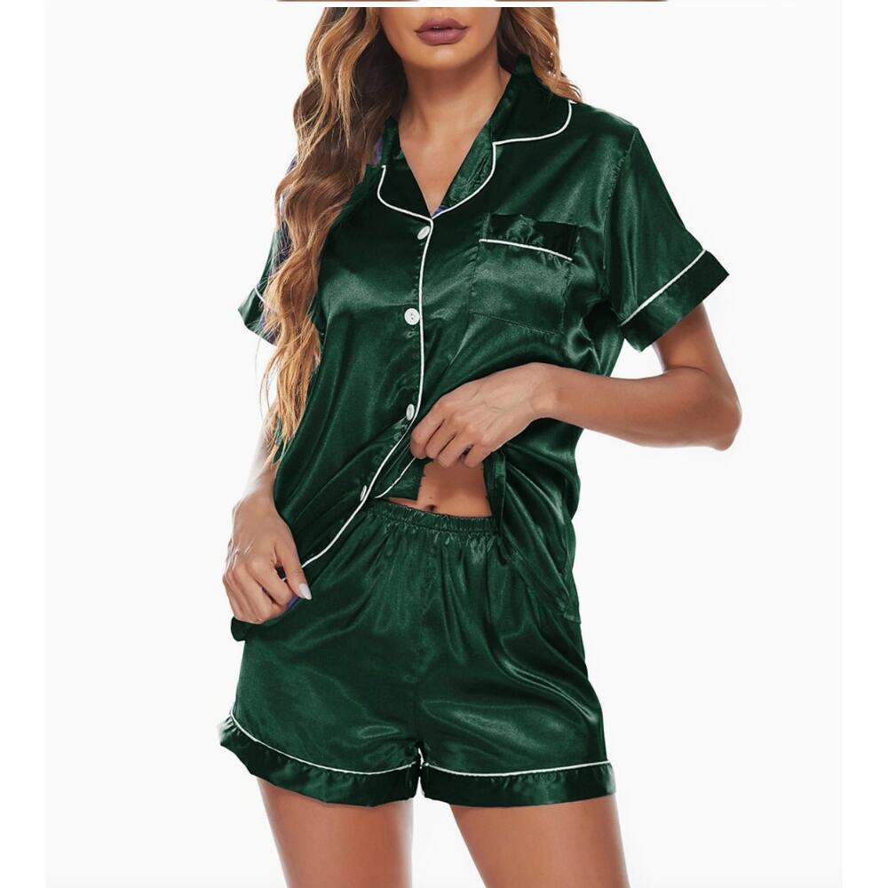 Womens Silk Satin Pajamas Set Loungewear Button-Down Pj Sets (Emerald)